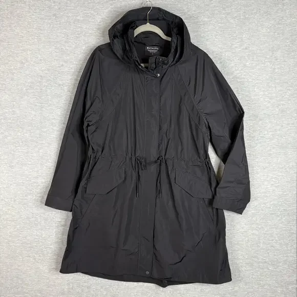 Athleta Size Large Windout Jacket Long Rain Coat Black Hooded - Picture 2 of 12